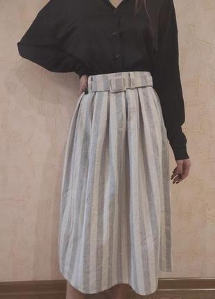 Теплая юбка-миди в полоску с поясом ремешком и карманами2 фото