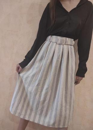 Теплая юбка-миди в полоску с поясом ремешком и карманами3 фото
