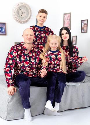Тепла махрова піжамк для всієї сім'ї, новорічна піжама комплект жіночий, тёплая махровая новогодняя пижама family look3 фото