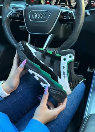 ❄️зимові жіночі кросівки adidas originals niteball high black white green fur ❄️
