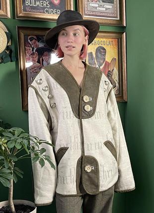 Австрийский винтажный жакет жилетка из льна и кожи3 фото
