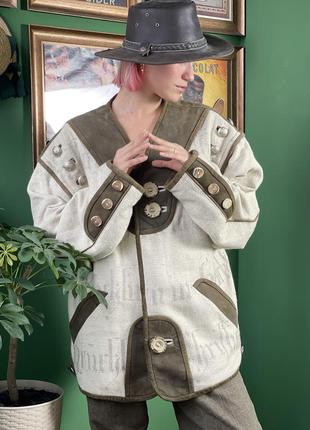 Австрийский винтажный жакет жилетка из льна и кожи1 фото