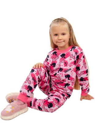Теплая розовая пижама с начесом барбы, барби, пижама на байке, байковая пижамка с мишками, бабочками1 фото