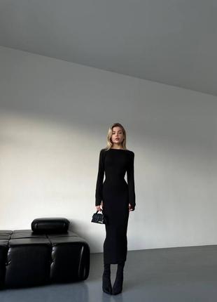 Платье макси чёрное однотонное на длинный рукав качественное стильное базовое4 фото