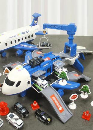 Іграшковий літак поліції зі звуковими і світловими ефектами, машинками і аксесуарами. інтерактивна модель поліцейської бази-літака