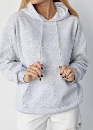 Утепленное женское худи с карманом-кенгуру - светло-серый цвет, l (есть размеры)4 фото