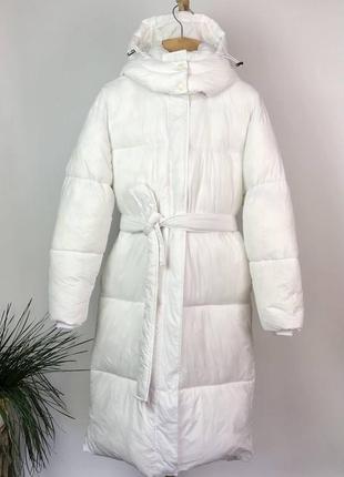 Куртка длинная белая с/м; зимний белый длинный пуховик с поясом na-kd. 🤍зимний длинный пуховик куртка теплая; подовжена біла тепла куртка s/m