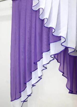Фіранка ламбрекен на кухню (150х150см) шифон. колір фіолетовий з білим4 фото