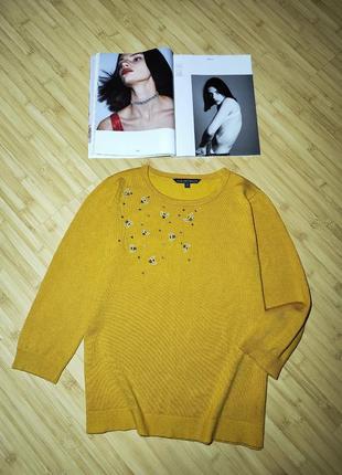 Bonmarche🐝 жовто-гірчичний светр з вишитими бджілками та камінчиками3 фото