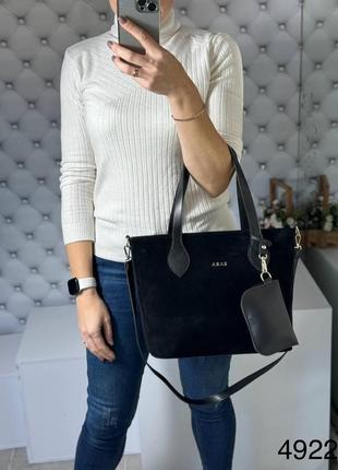 Стильная вместительная женская сумка черного цвета из натуральная замши и экокожи7 фото
