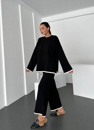 Костюм женский черный джемпер свитер с широкими брюками с высокой посадкой