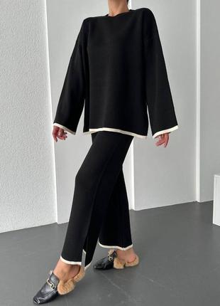 Костюм женский черный джемпер свитер с широкими брюками с высокой посадкой2 фото