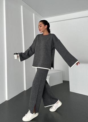 Костюм жіночий сірий графіт джемпер светр з широкими штанами з високою посадкою