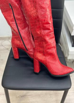Сапоги кожаные красные с острым носком на каблуке 9см, демисезонные, зимние4 фото