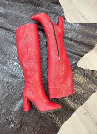 Сапоги кожаные красные с острым носком на каблуке 9см, демисезонные, зимние7 фото