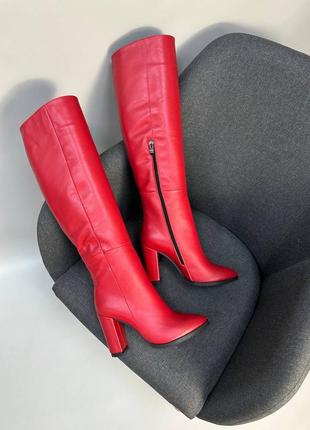 Сапоги кожаные красные с острым носком на каблуке 9см, демисезонные, зимние3 фото