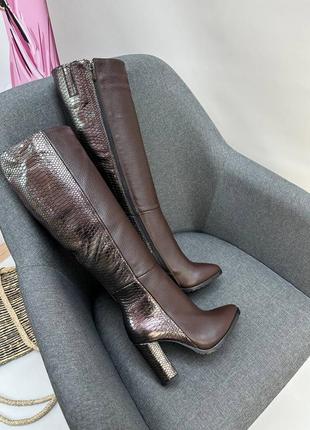 Сапоги кожаные коричневые с острым носком на каблуке 9см, демисезонные, зимние2 фото