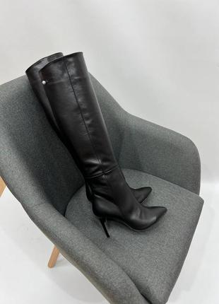 Сапоги кожаные черные, с острым носком на каблуке заколка 9см, демисезонные, зимние2 фото
