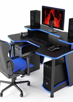 Стол геймерский (игровой) с надстройкой и ящиками gt14nr, ширина 1400 мм, чёрный с синим