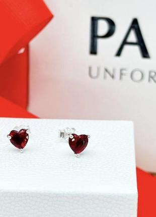 Серебряные серьги «красное сердце» пандора1 фото