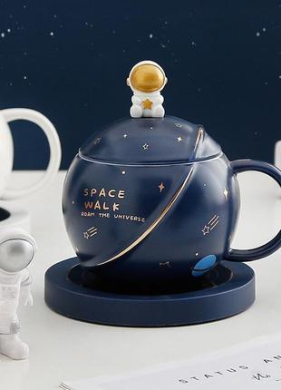 Подарункова керамічна чашка з кришкою ложкою та підставкою - підгрівом tomas space тмс-м620 dark blue