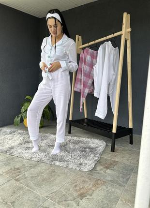 Женская пижама из натуральной ткани муслин, рубашка и брюки, цвет белый4 фото