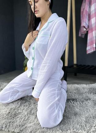 Жіноча піжама з натуральної тканини муслін, сорочка та штани, колір білий