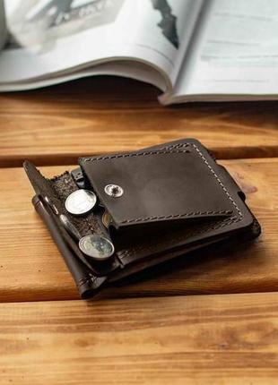 Кожаный зажим для денег из натуральной кожи wallet  коричневый с монетницей4 фото