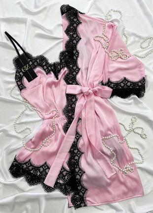 Домашний комплект халат+шортики+майка атлас шелк тройка розовый