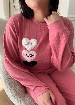 Женская флисовая пижама больших размеров в рубчик, розовая5 фото