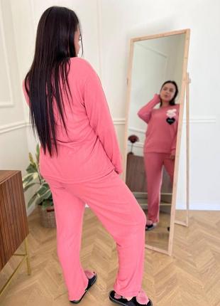 Женская флисовая пижама больших размеров в рубчик, розовая3 фото