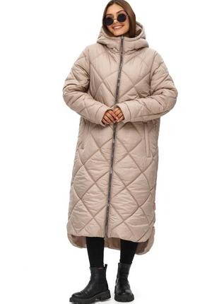 Зимнее женское длинное пальто стеганое с капюшоном размер 42 44 46 48 50 52