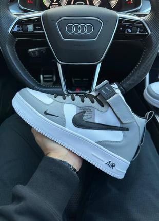 ❄️зимние мужские кроссовки nike air force 1 utility high gray white black fur❄️