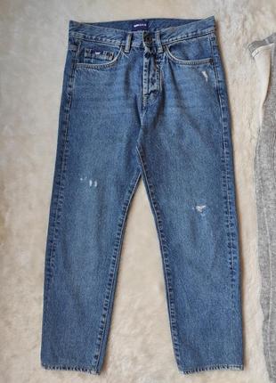 Синие плотные прямые джинсы женские высокая талия посадка кроп укороченные мом бойфренды мужские gas1 фото