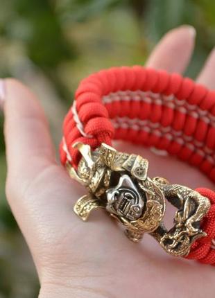 Браслет с самураем из латуни и с маской из мельхиора плетение трилобит с оплеткой под заказ + брелок в подарок
