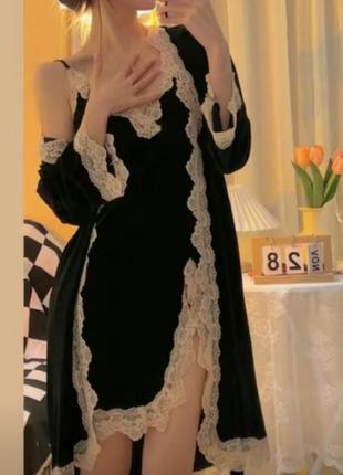 Новый черный атласный халат пеньюар набор комплект женский для дома с кружевом