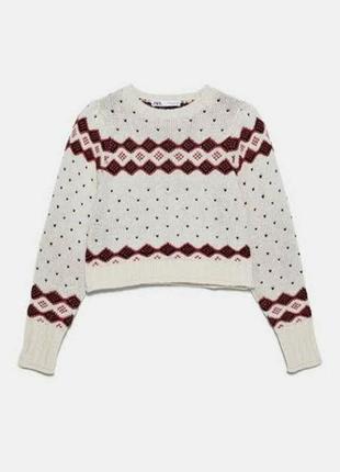 Zara вкорочений трендовий теплющий светр, принт різдвяний, з підплічниками р 40/42