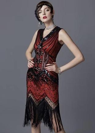 Червона з чорним сукня  плаття з бахромою паєтками  в стилі гетсбі, одрі хепберн, 20х бонні та клайд, гангстер чикаго1 фото