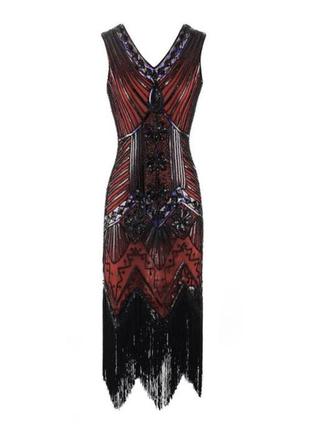 Червона з чорним сукня  плаття з бахромою паєтками  в стилі гетсбі, одрі хепберн, 20х бонні та клайд, гангстер чикаго3 фото