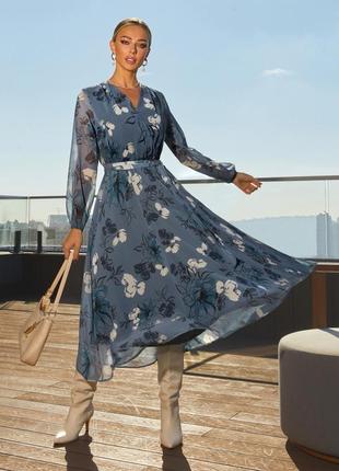 Багато кольорів! жіночна ніжна шифонова сукня міді нижче колін з довгими рукавами на запах розкльошена