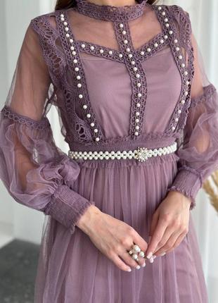 Роскошное платье с нежными жемчугом 💎 вечернее платье миди в нежном стиле4 фото