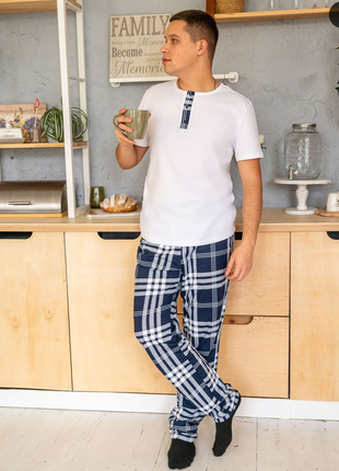 Мужская легкая пижама футболка и штаны, мужской домашний комплект в клетку