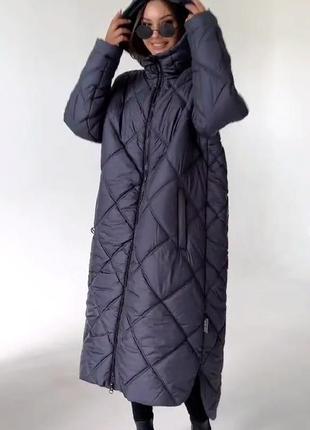 Зимнее женское длинное пальто стеганое с капюшоном размер 42 44 46 48 50 521 фото