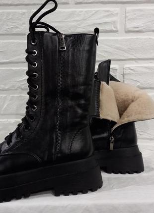 Натуральная кожа, зимние кожаные черные берцы/сапоги/ботинки высокие на шнуровках и на теплом меху женские на платформе3 фото