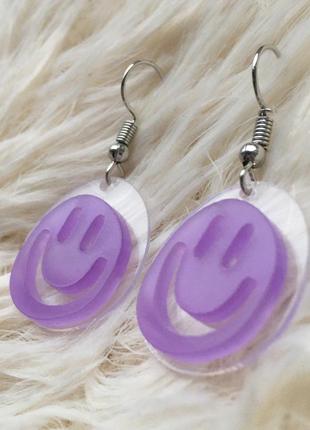 Сережки смайли смайлики посмішки сережки підвіски висячі прозорі фіолетові2 фото