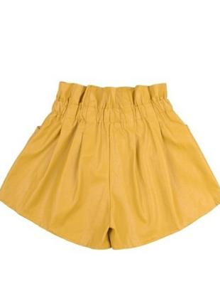 Стильные яркие желтые эко кожаные шорты-юбка с высокой талией посадкой модные2 фото