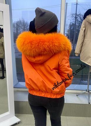 Зимова куртка, бомбер з натуральним хутром фінського єнота в помаранчевому забарвленні4 фото