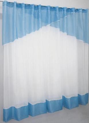 Комплект на кухню (280х170 см) ламбрекен і тюль. колір блакитний з білим2 фото