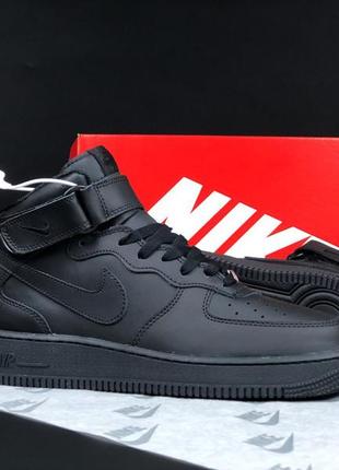 Nike air force 1 mid кросівки чоловічі шкіряні топ якість зимові з хутром ботінки сапоги високі теплі найк форс чорні3 фото