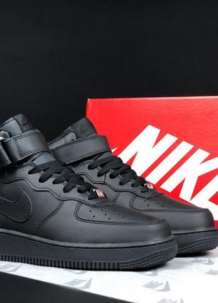 Nike air force 1 mid кросівки чоловічі шкіряні топ якість зимові з хутром ботінки сапоги високі теплі найк форс чорні4 фото